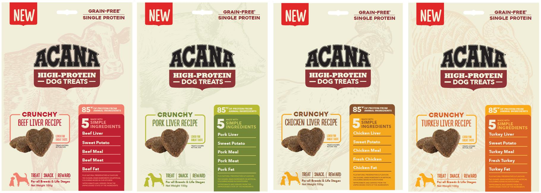 Photo of all products (4) inside the Acana High Protein Dog Treats product range