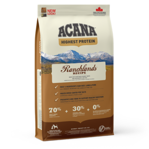 ACANA Highest Protein Ranchlands Dog. Front of bag.